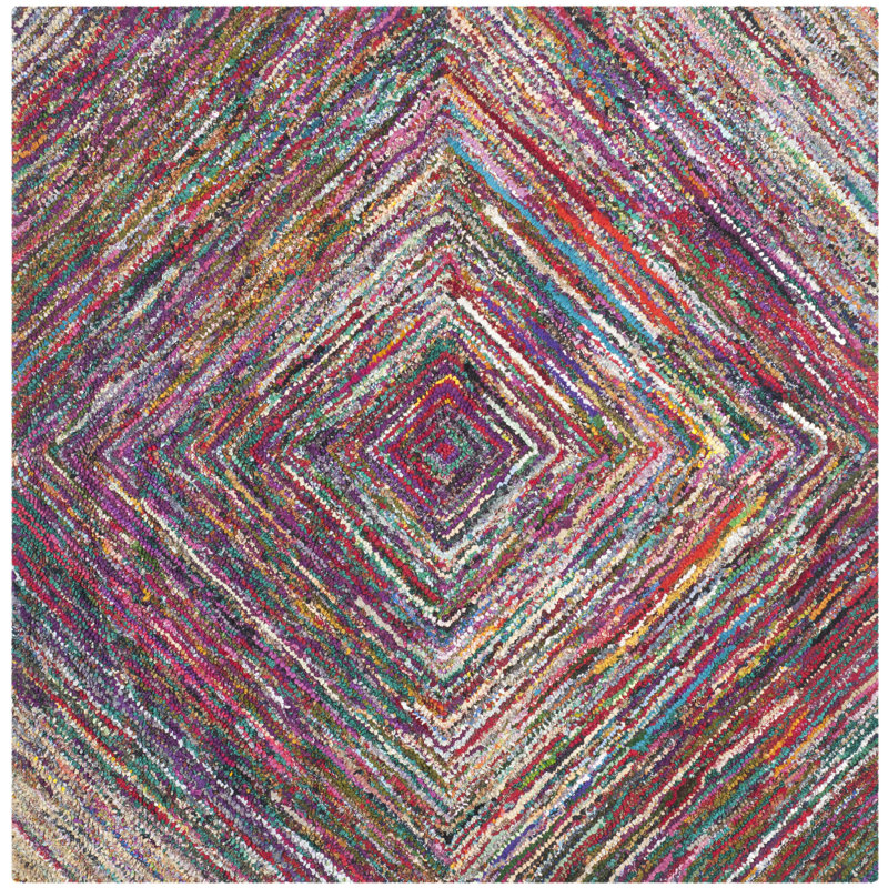Tapis rouge / rose en coton touffeté à la main Anaheim, Carré 6 pi