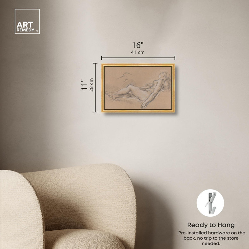 «Reclining Nymph 1752» par Art Remedy, H 11,5 po x l 16,5 po x P 1,2 po, Cadre flottant doré
