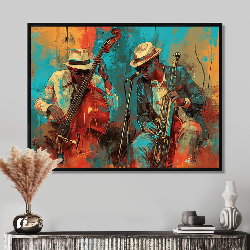 «2 Musiciens - Musicien», reproduction d'art mural, Toile avec cadre flottant noir, H 12 po x l 20 po x P 1 po
