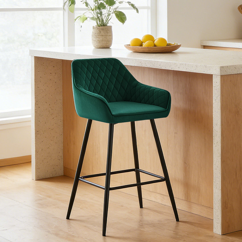 Velvet/Suede Upholstered Bar Stools with Armrests & Diamond Tufting, Velvet Green