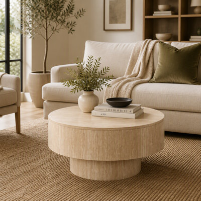 Round Storage Coffee Table with Travertine Beige Finish, Removable Lid, and Hidden Storage