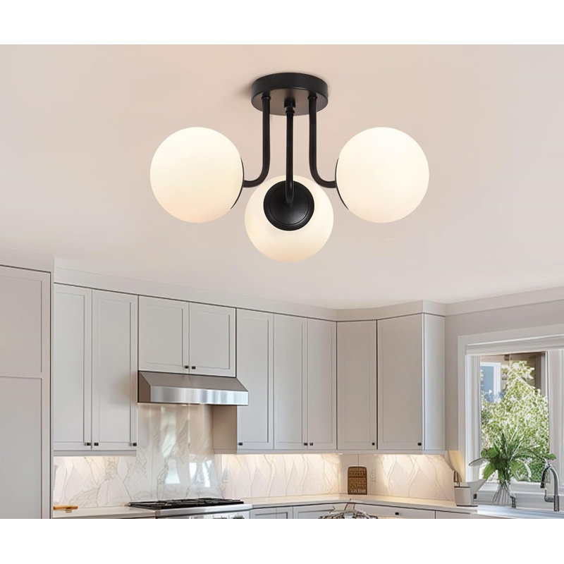 Matte Black 3-Light Semi Flush Mount Ceiling Fixture with Milk Glass Globes