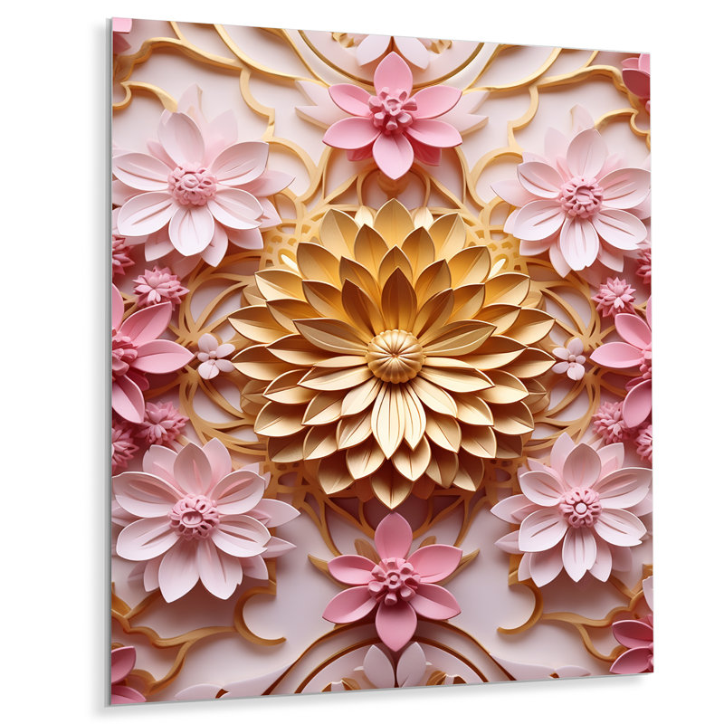 Or rose lotus ornemental Essence - impression d'art mural Mandala Boho, Métal métal, H 20 po x l 12 po x P 1 po