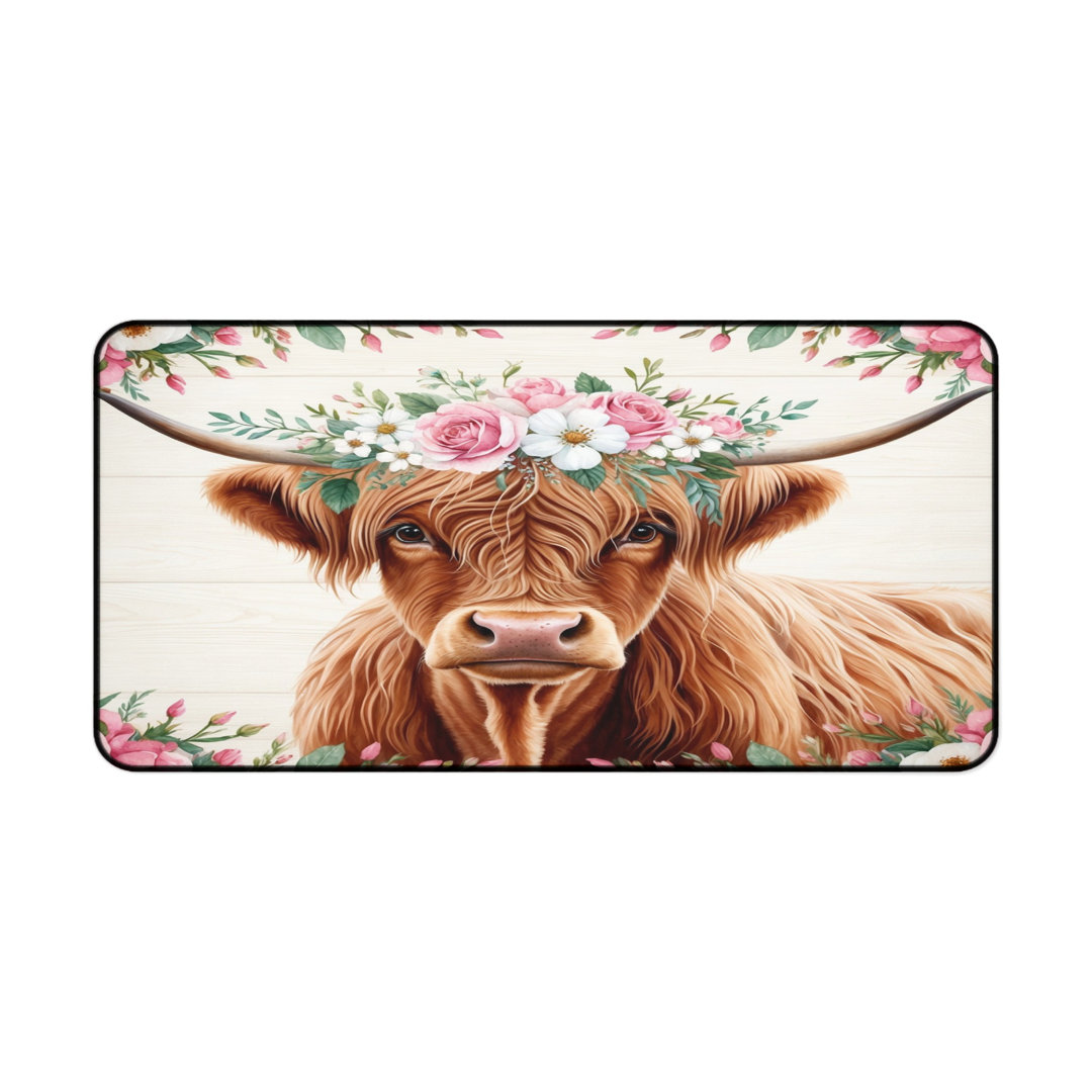 Floral Highland Cow Desk Mat