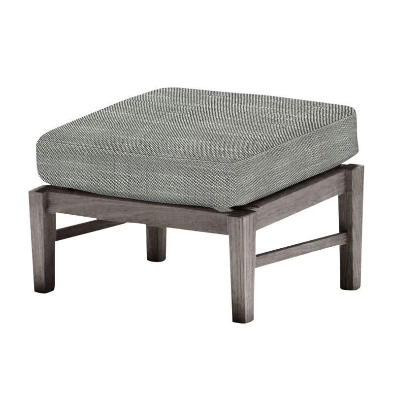 Croquet Outdoor Teak Ottoman with Cushion, Rollo Silver InsideOut® Linen, Welt, Oyster Teak