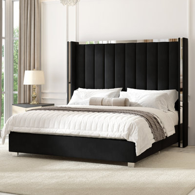 Gerasim Queen Bed Frame with 57" Tall Headboard, Velvet Upholstered Platform Bed,Black