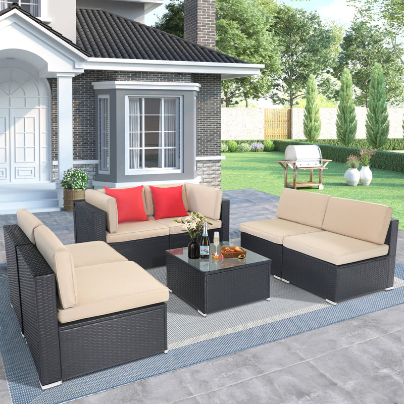 6-Person Brown Wicker Outdoor Sectional Sofa with Glass Table