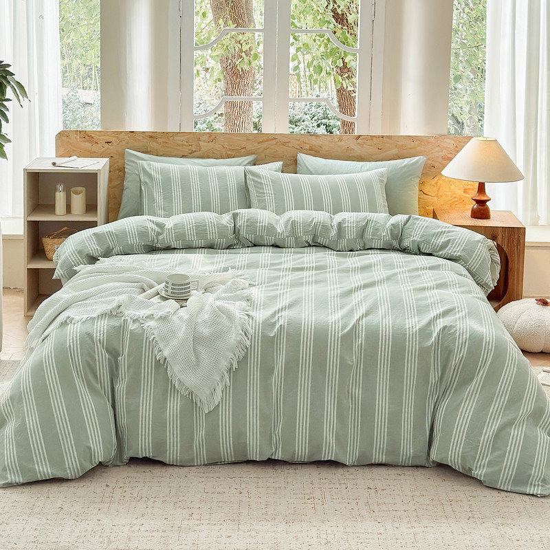 Ensemble de housse de couette rayé 100% coton délavé 3 pièces DONEUS, Housse de couette grand et 2 taies d'oreiller stan