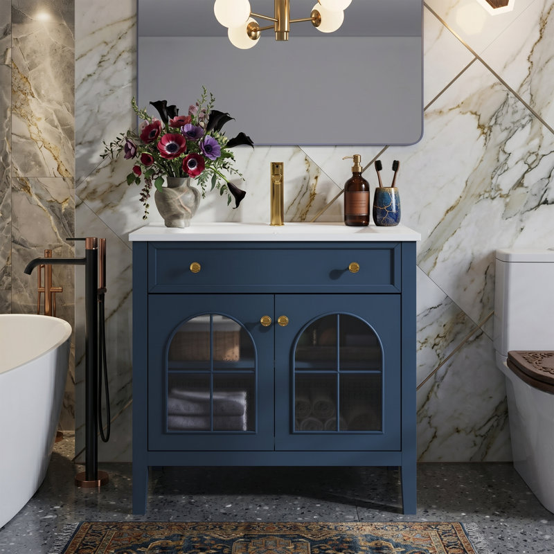 Meuble-lavabo blanc 36 po avec lavabo en céramique, lumière DEL à capteur de mouvement et portes en verre à motifs, Blue