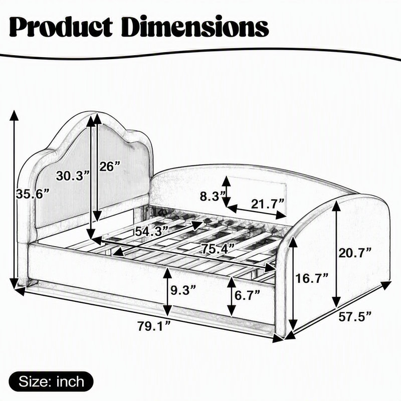 Tête de lit courbée rembourrée, lit d'enfant rembourré avec rails de sécurité latéraux et poche de rangement, lit de jeu à plancher bas