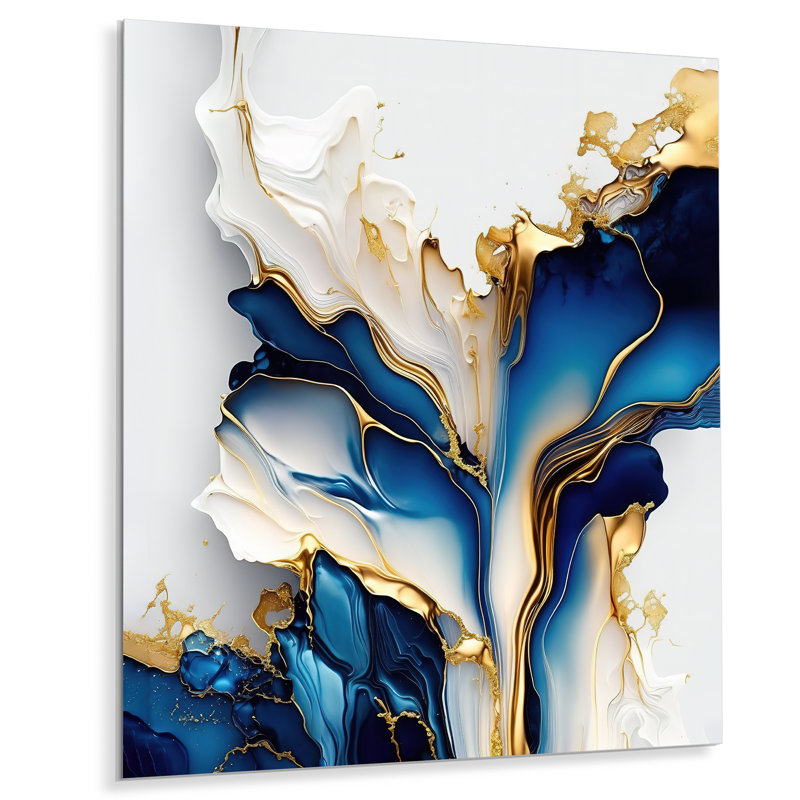 Géode abstraite dorée et bleue forme de marbre III - reproduction non encadrée sur métal, H 20 po x l 12 po