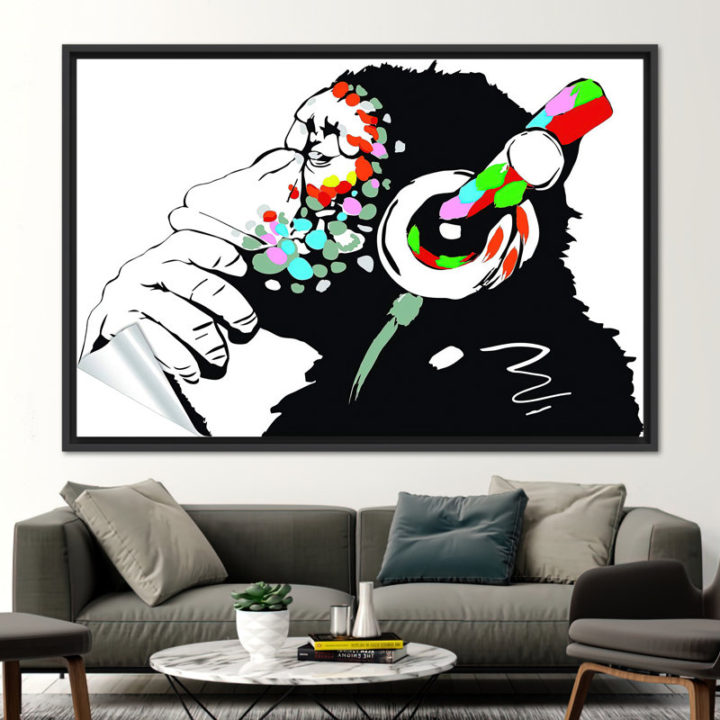 «Banksy Inspired DJ Monkey Graffiti», art mural sur toile pour décoration intérieure moderne, Noir, noir, noir, noir