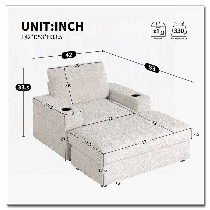 42" Oversized Upholstered  Sleeper Chair Chaise Lounge with Storage Ottoman and Armrests,Cup Holders, Beige