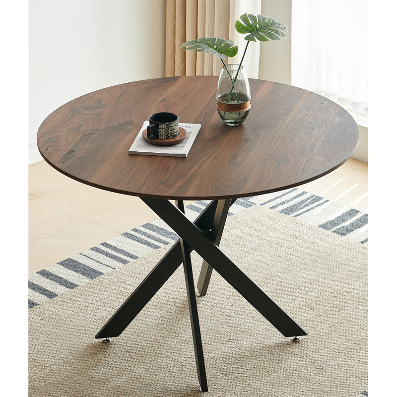Table de salle à manger de 42,1 po de style Mid-Century noir et bois pour 4 à 6 personnes avec plateau rond en MDF (table basse incluse, sans chaises)