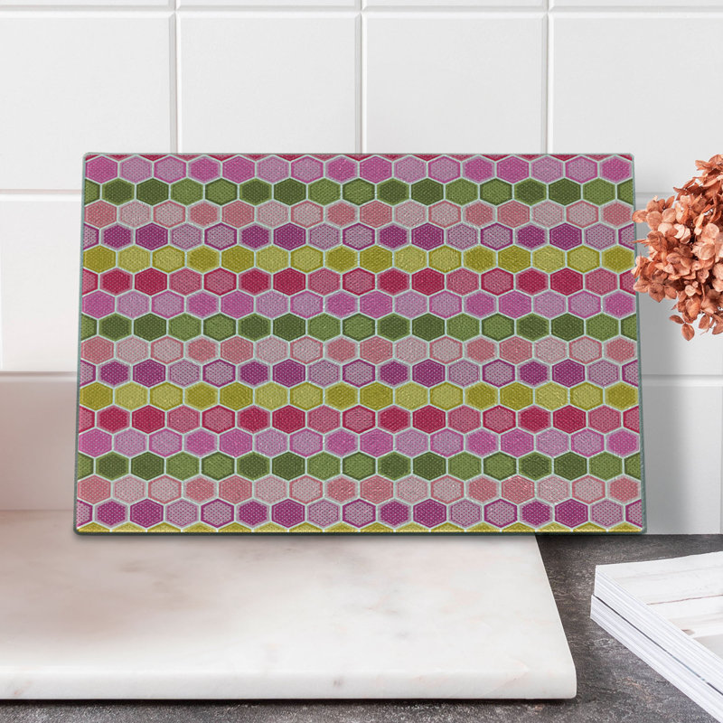 Ambesonne Geometric Tempered Glass Cutting Board Hexagons and Dots Multicolour