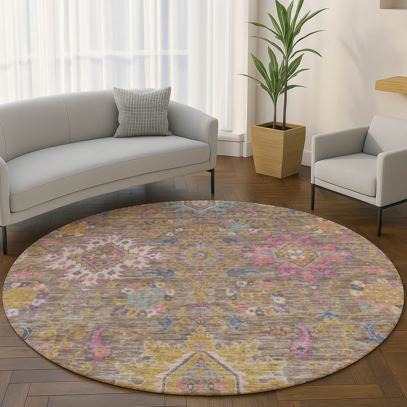 Premium Machine Washable Mayfield AMF2151 medallions Rug, Mocha, Round 8'