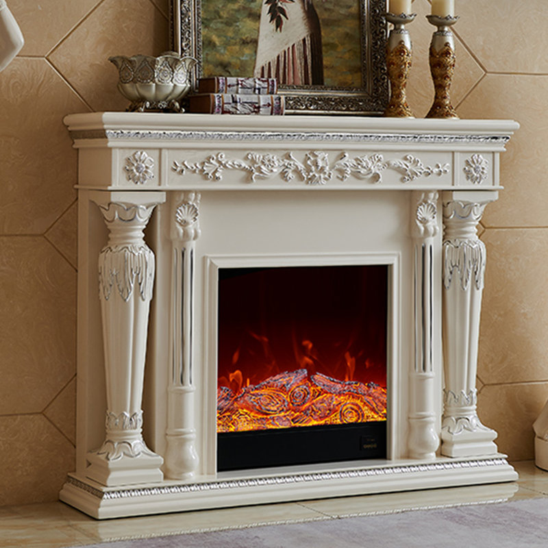 Beige Solid Wood Electric Fireplace, Beige