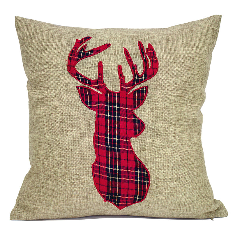 Plaid Deer Embroidered Christmas Throw Pillow 17"x17"