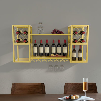 Wall Mounted Wine Rack 2-Tier Metal Bar Shelf for Wine Bottles and Glasses, for Kitchen and Dining Room