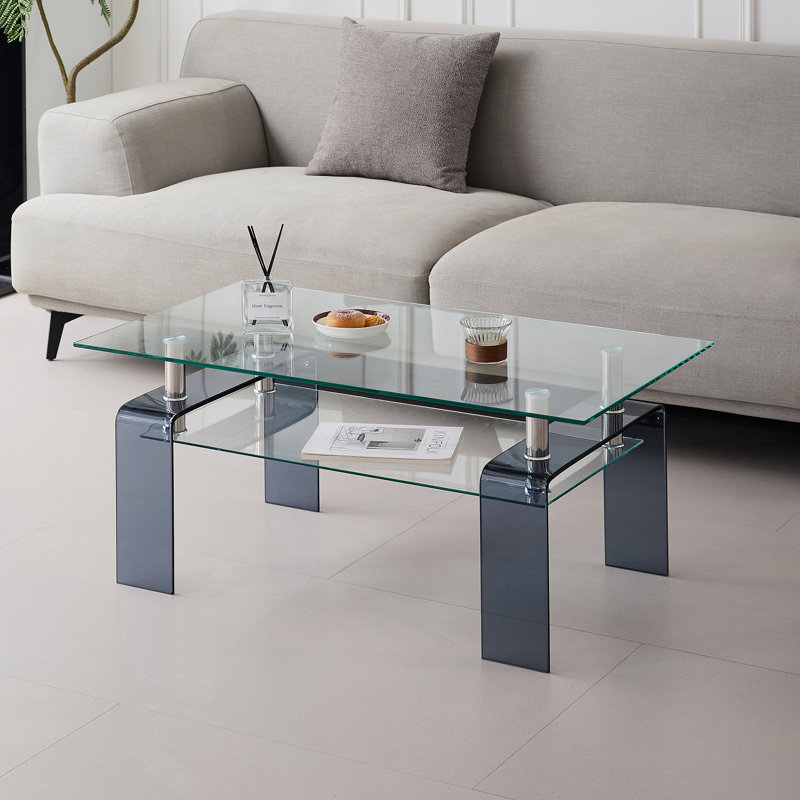Table basse moderne à 2 niveaux en verre trempé avec tablette de rangement | Table centrale peu encombrante pour le salon et les petits espaces