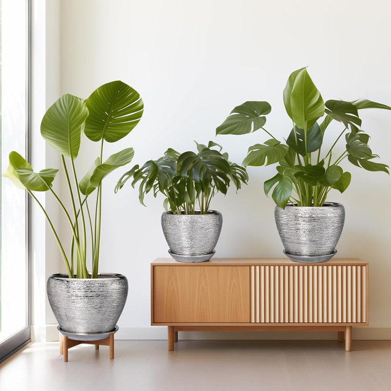 Ensemble de 3 jardinières en céramique argentée (10 po, 8 po, 6 po) avec trous de drainage et soucoupes