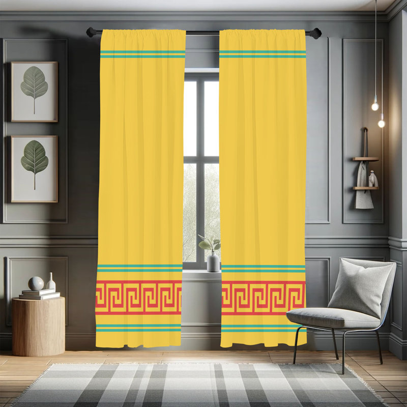 Ivy Bronx Abstract Curtains, Simple Style Greek Pattern, Pair of 28"x95", Dark Yellow/Red/Teal