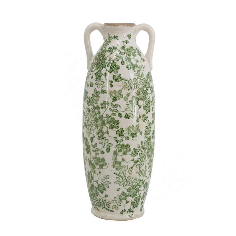 Vase en céramique 5,9 x 5,9 x 15,6 po avec motif floral vert et petites poignées
