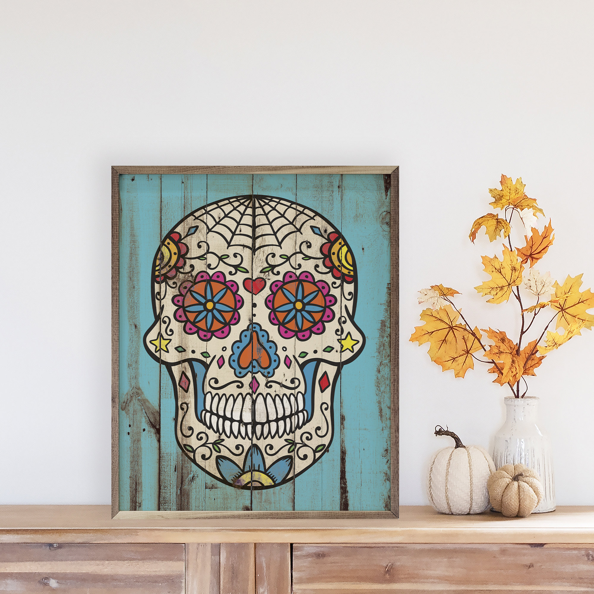 The Holiday Aisle® Sugar Skull Framed On Wood Painting Wayfair