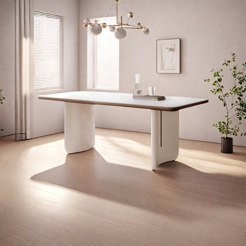 Table de salle à manger en pierre frittée avec pieds en bois courbés, H 29,5 po x L 62,9 po x l 31,4 po, Blanc / Brun
