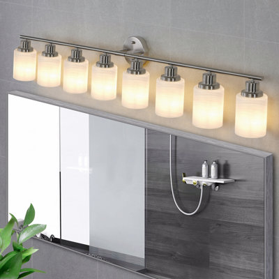 Applique murale pour meuble-lavabo de style moderne à 52 lumières de 52 po de longueur, en nickel brossé, avec finition en métal et abat-jour en verre givré