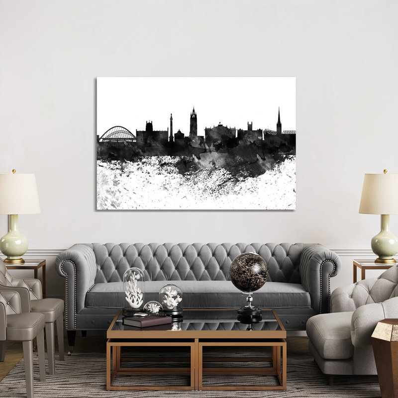 Newcastle Black & White Drops Skyline by Wall Decor Addict - Wrapped Canvas Painting, 152.5 cm H x 101.5 cm W