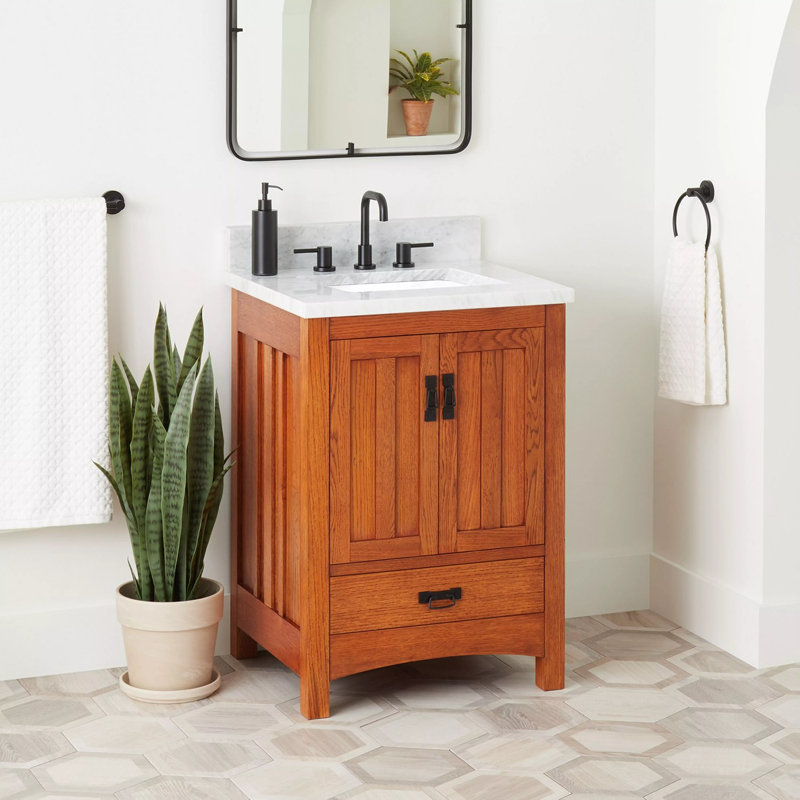 24" Maybeck Vanity - Tinted Oak With Rectangular Undermount Sink, 8" Widespread, Carrara Marble