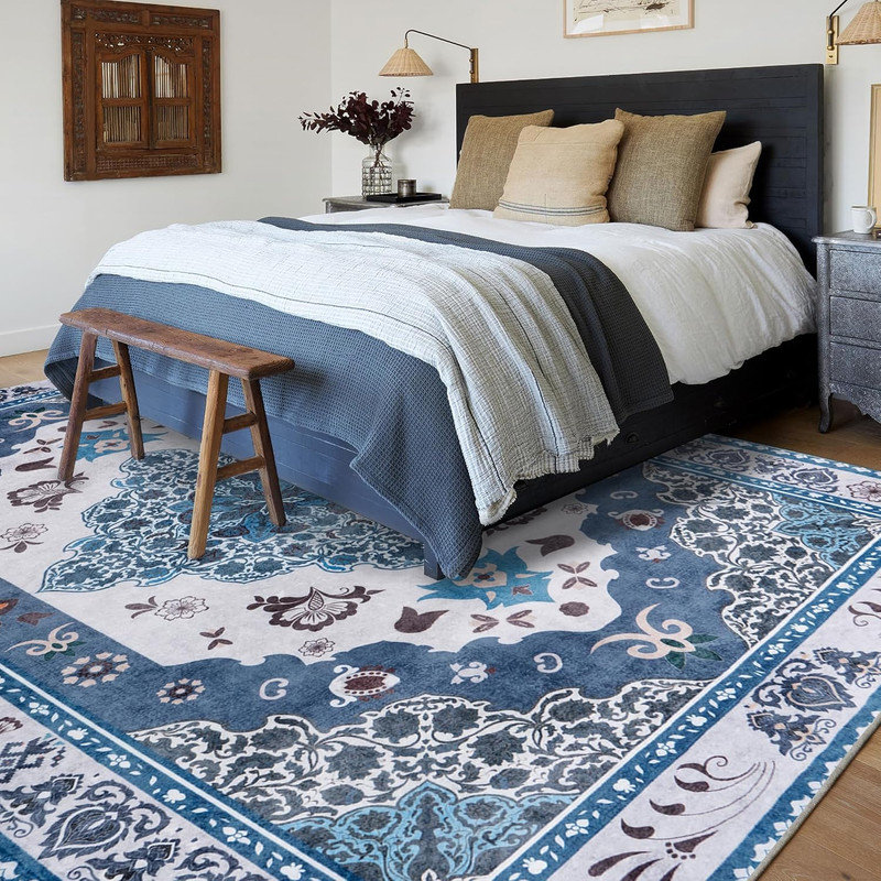 Machine Washable Indoor&Outdoor Area Rug Non-Slip Backing Blue Vintage Low Pile Rug for Living Room Bedroom Dorm Hotel