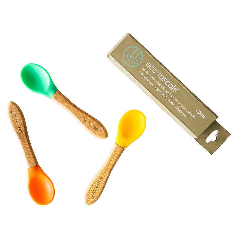 Bamboo Wood Stainless Steel Baby Flatware, Green/Orange/Yellow