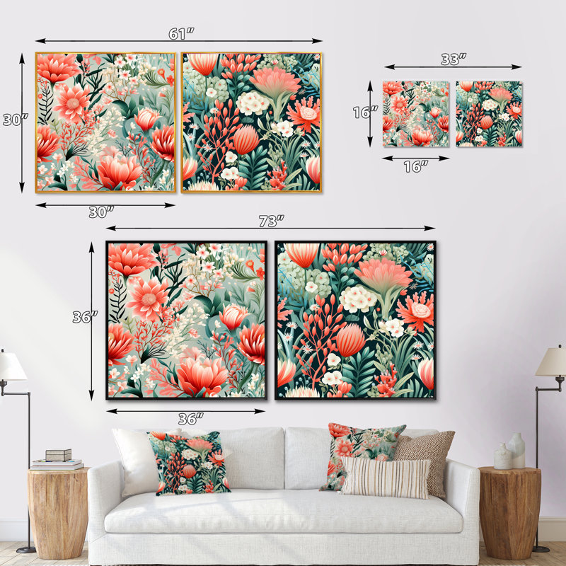 Natalina - Ensemble de 2 collages floraux carrés, Cadre flottant blanc, H 30 po x l 61 po
