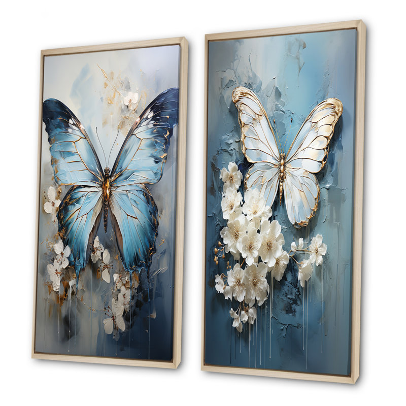 Butterfly Ethereal Blues Form Abstract Elegance - Ensemble de 2 décorations murales papillon, Cadre flottant brun