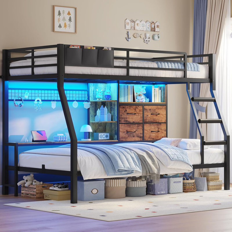 Bed  With 4 Storage Drawers & Shelves & Bedside Caddy, Twin  Beds With Charging Station & Led Lights, Metal Bed With Safety Guardrail & Angled Ladder