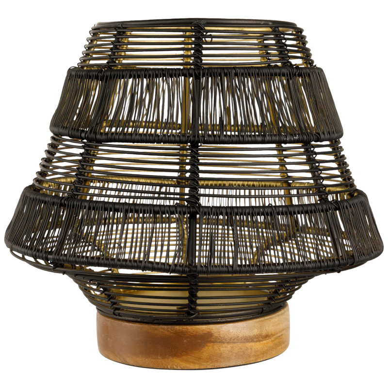 Petit porte-bougie petit pilier en fer tissé avec base en bois - noir, H 7,25 po x l 8,5 po x P 8,5 po