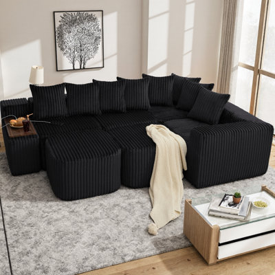 137.5" Boneless U-Shaped Modular Sofa with USB & Wireless Charging, Movable Coffee Table Board & Footstool, 8-in-1 Corduroy Sectional with No Assembly Required for Large Living Rooms (6-Seater)
