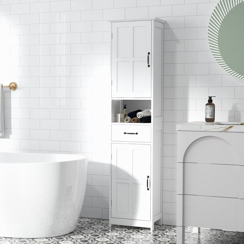 Tall Bathroom Storage - Slim Linen Cabinet With Open Shelf, Drawer, Recessed Doors & Adjustable Shelves In White Shelves,
