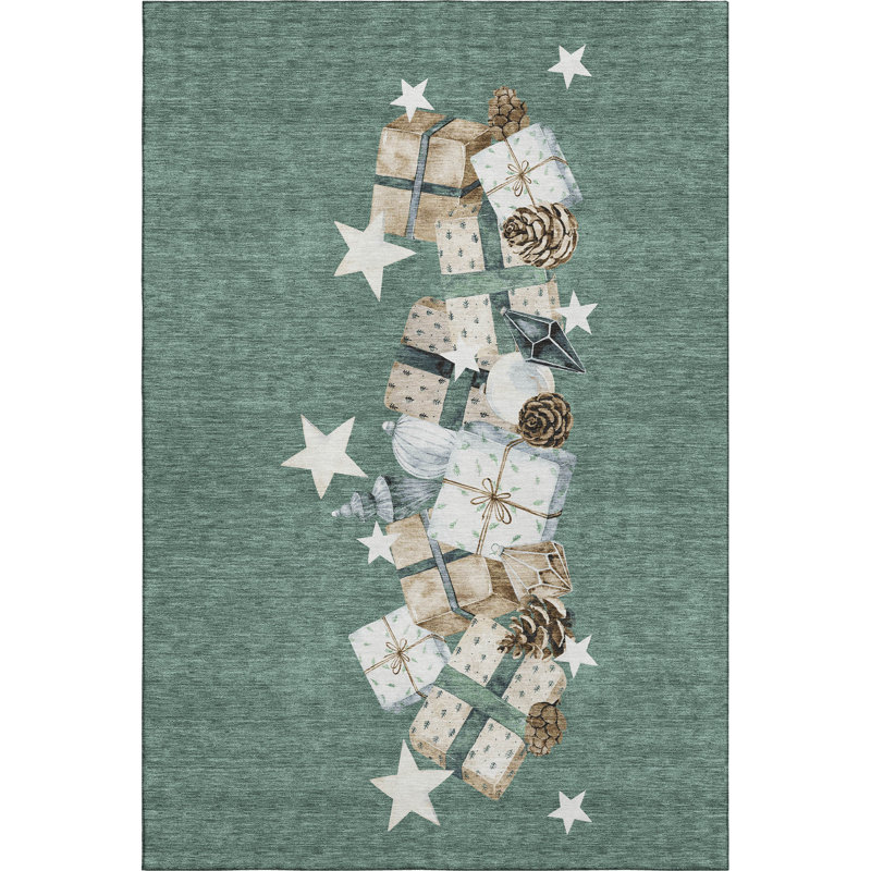 Premium Machine Washable Castillon AMF1825 Stars and Presents Holiday Rug, Rectangle 8' x 10'