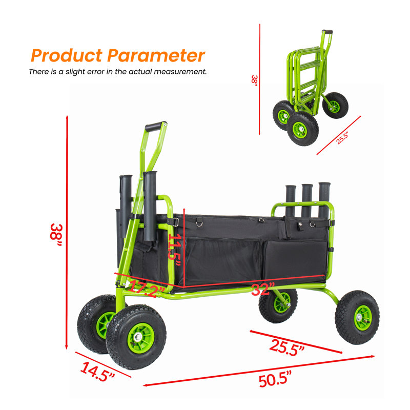 Chariot de jardin en acier vert L 50,50 po x l 25,50 po x H 38,00 po, capacité de 550 lb