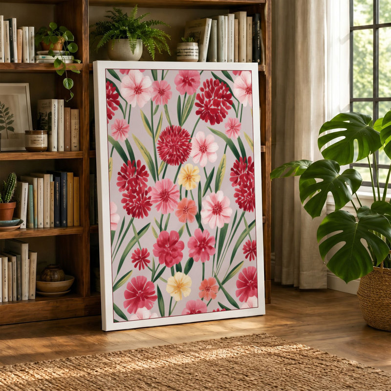 Crimson Carnation Bloom Botanical - Wrapped Canvas, 18x12 - 45.7 x 30.5 cm, Black Border