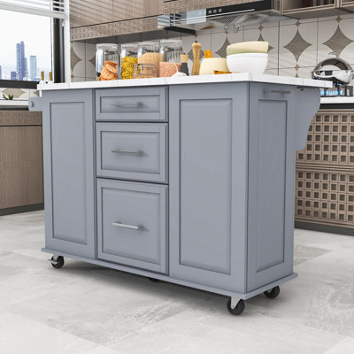Chariot roulant pour îlot de cuisine avec poubelle inclinable, abattant, armoire coulissante et 2 tiroirs