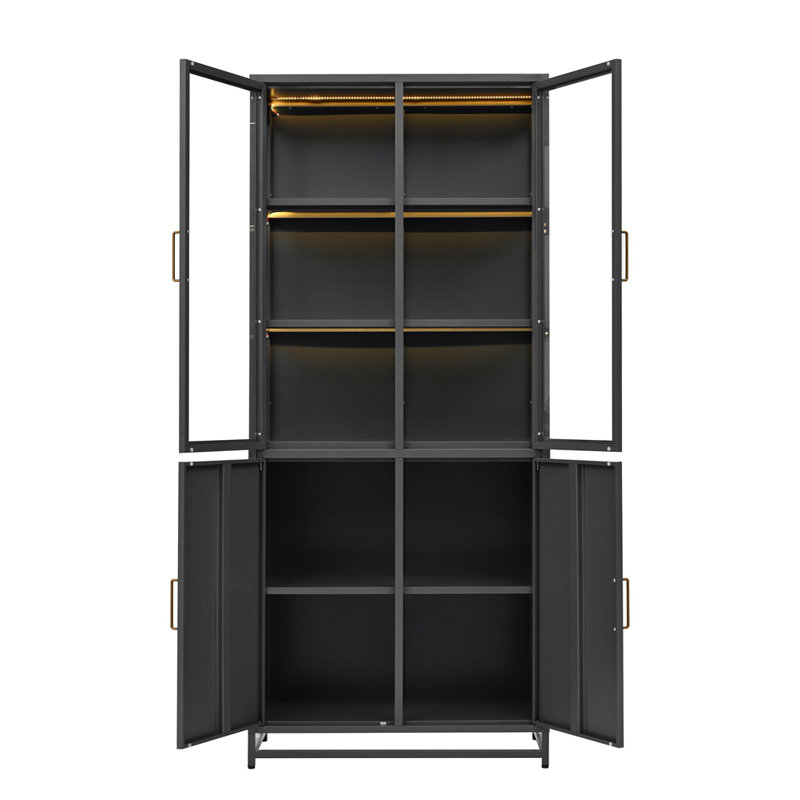 76.75" Tall Display Cabinet With Glass Doors And LED Lights, Black