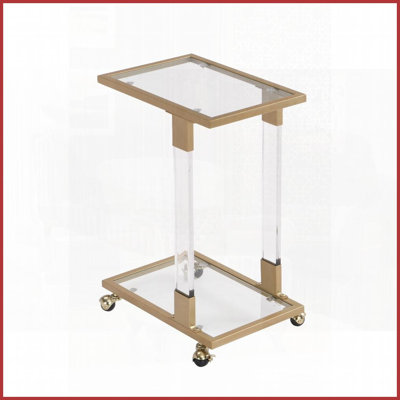 Table basse dorée en forme de C en verre trempé pour la maison et amp; Bureau, facile à nettoyer et amp; Mobile avec roulettes verrouillables