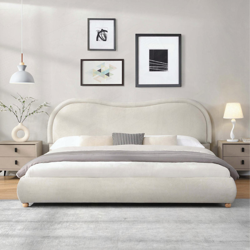 Chenille Platform Bed Frame With Rounded Corners Curved Headboard & Oak Solid Wood Legs, No Box Spring Needed, King, Beige