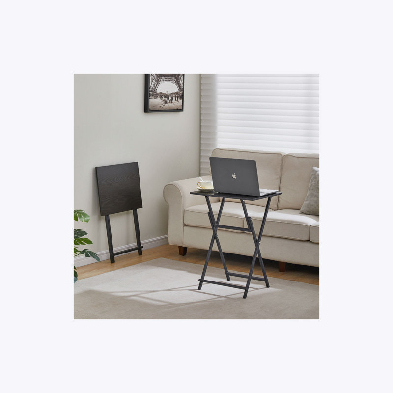 Black 2-Piece Folding TV Tray Table No Assembly Required Portable Sofa Side Table, Industrial Snack Table for Small Spaces, Space-Saving Easy to Fold Wood Rustic