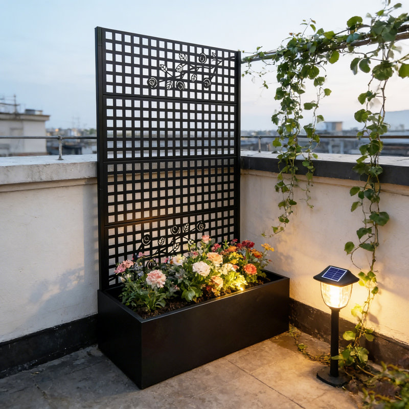 Boîte à fleurs en métal avec treillis