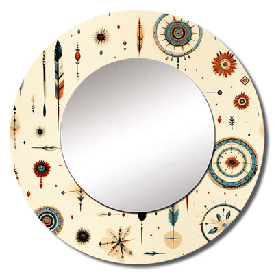 Beige Vintage Nomad Ii Boho Pattern - boho  Wall Mirror, Brown Round Decorative Mirror, Printed Metal Art